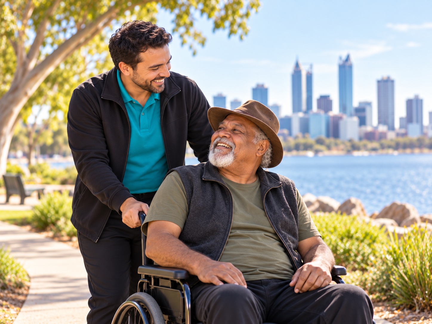 A support worker and an older wheelchair user enjoying a community outing