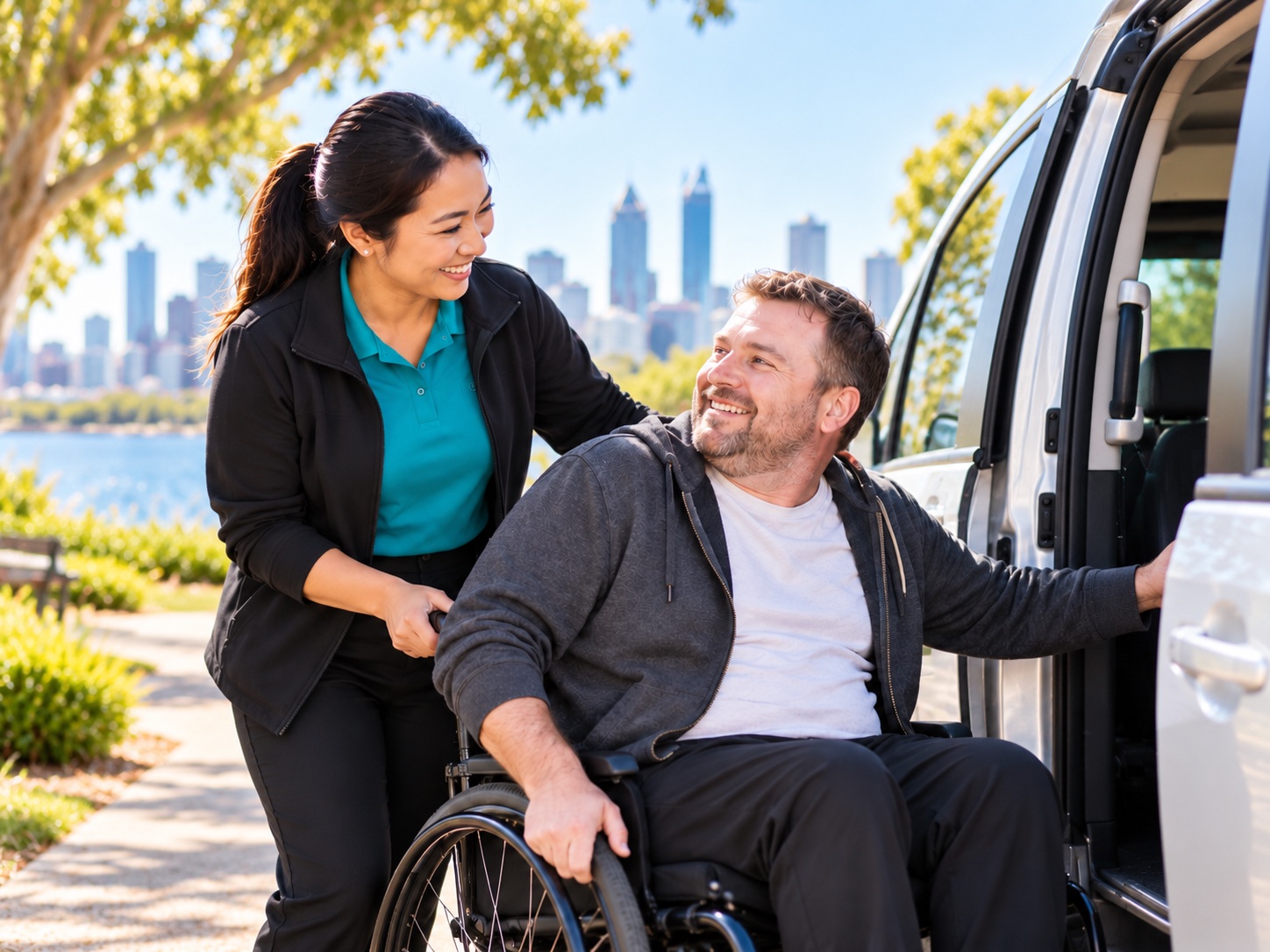 A support worker assisting a wheelchair user beside a vehicle